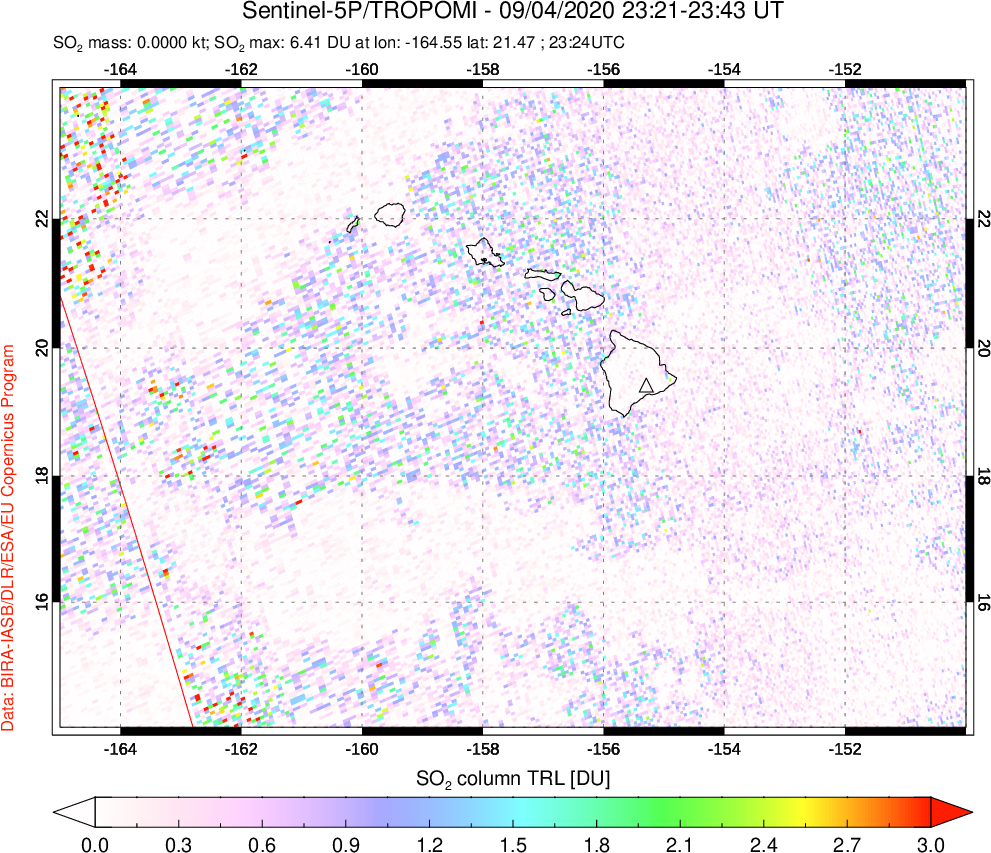 A sulfur dioxide image over Hawaii, USA on Sep 04, 2020.