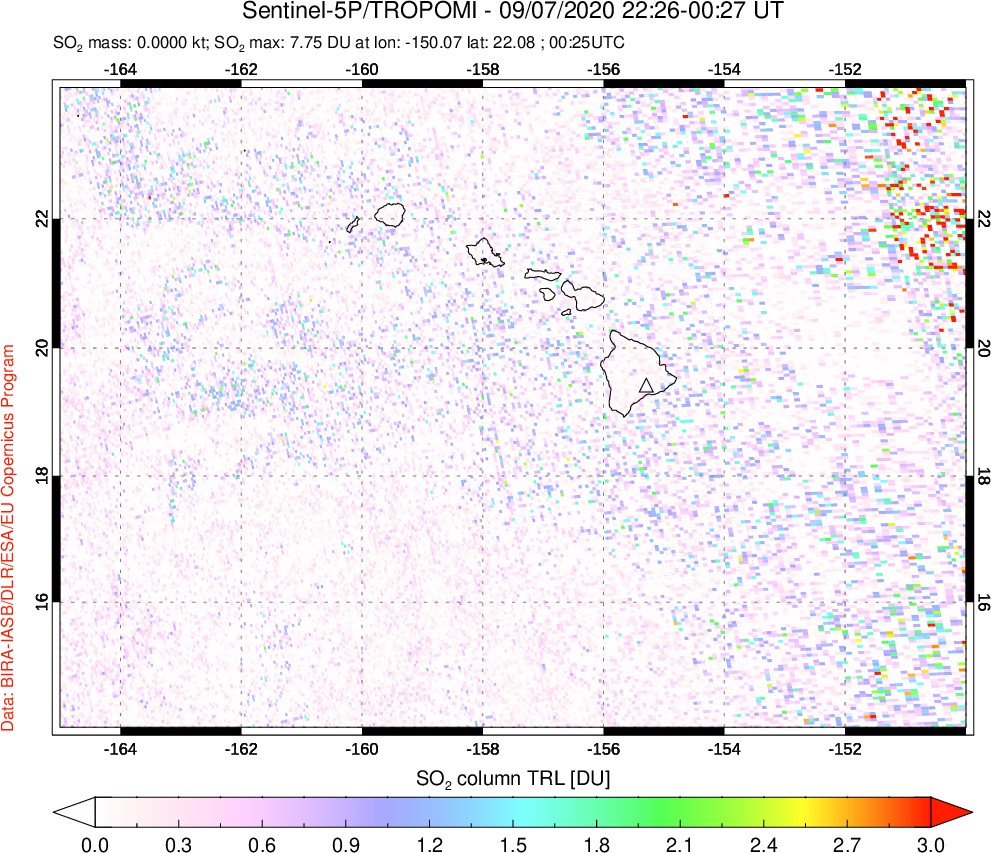 A sulfur dioxide image over Hawaii, USA on Sep 07, 2020.