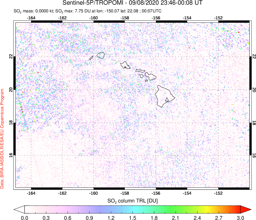 A sulfur dioxide image over Hawaii, USA on Sep 08, 2020.