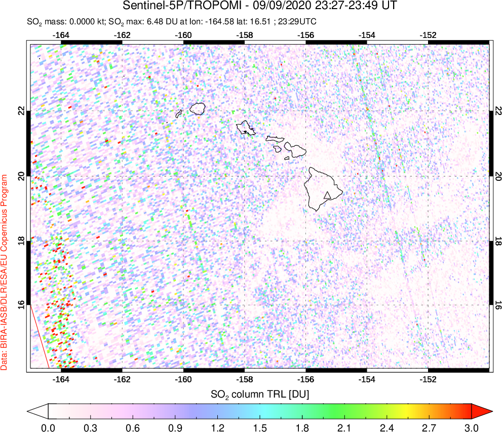 A sulfur dioxide image over Hawaii, USA on Sep 09, 2020.