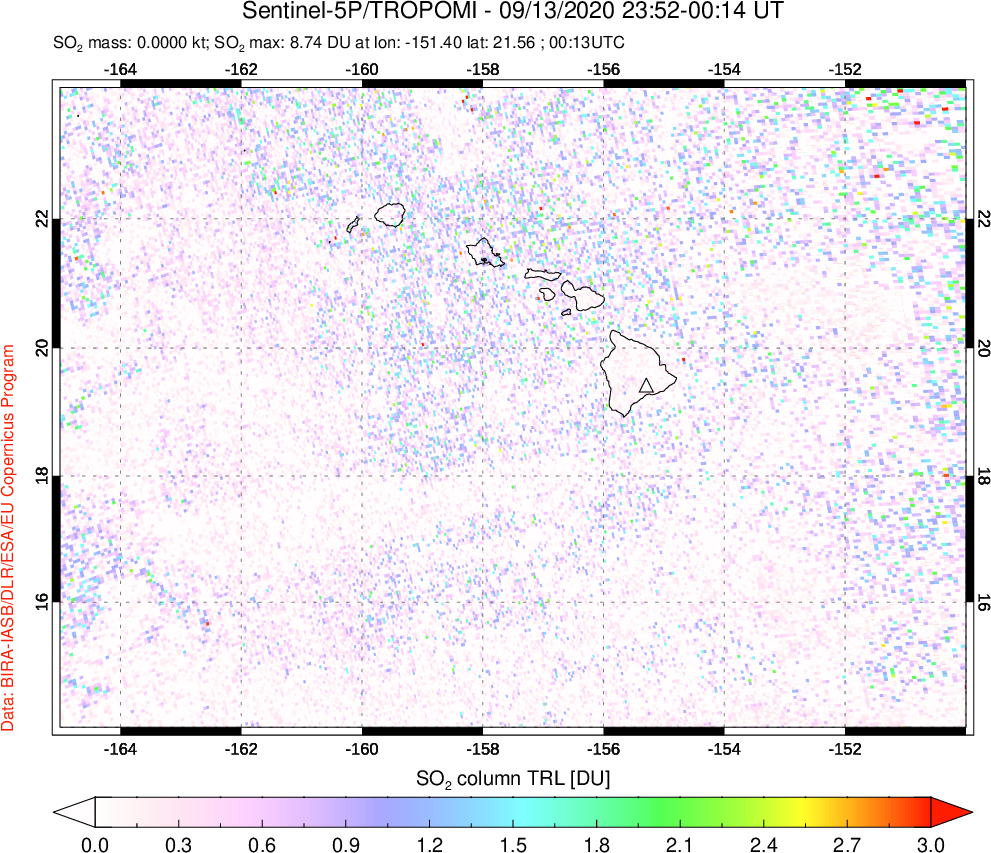 A sulfur dioxide image over Hawaii, USA on Sep 13, 2020.