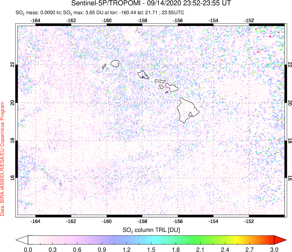 A sulfur dioxide image over Hawaii, USA on Sep 14, 2020.