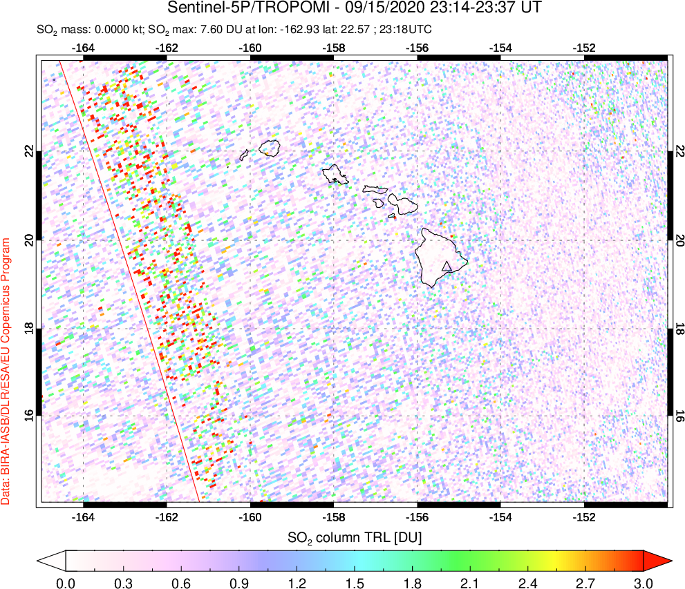 A sulfur dioxide image over Hawaii, USA on Sep 15, 2020.