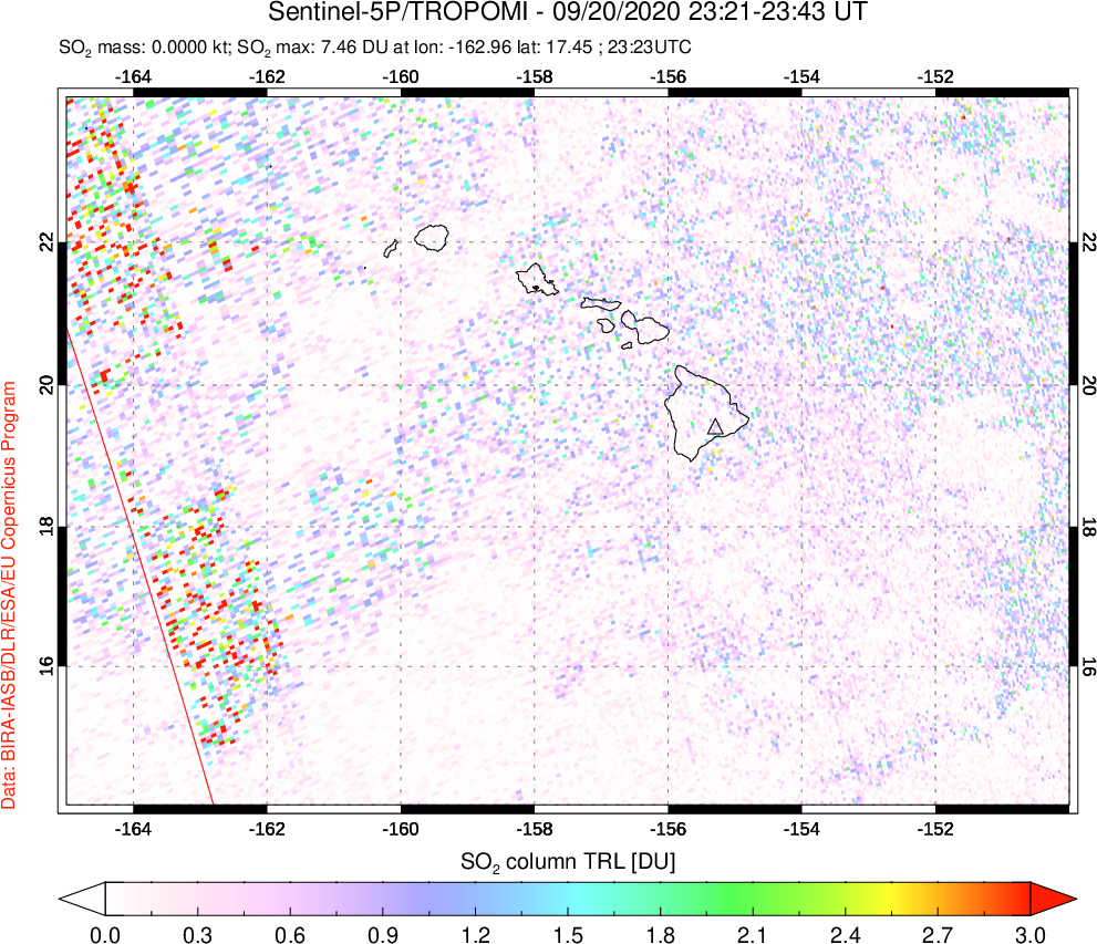 A sulfur dioxide image over Hawaii, USA on Sep 20, 2020.