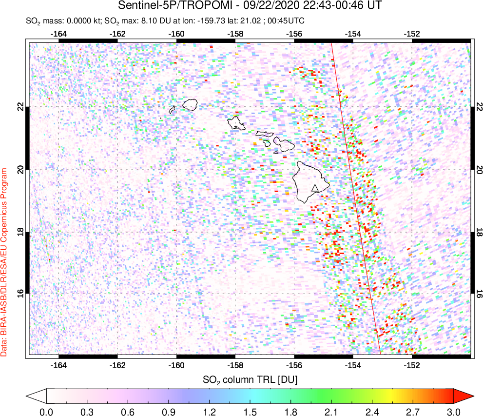 A sulfur dioxide image over Hawaii, USA on Sep 22, 2020.