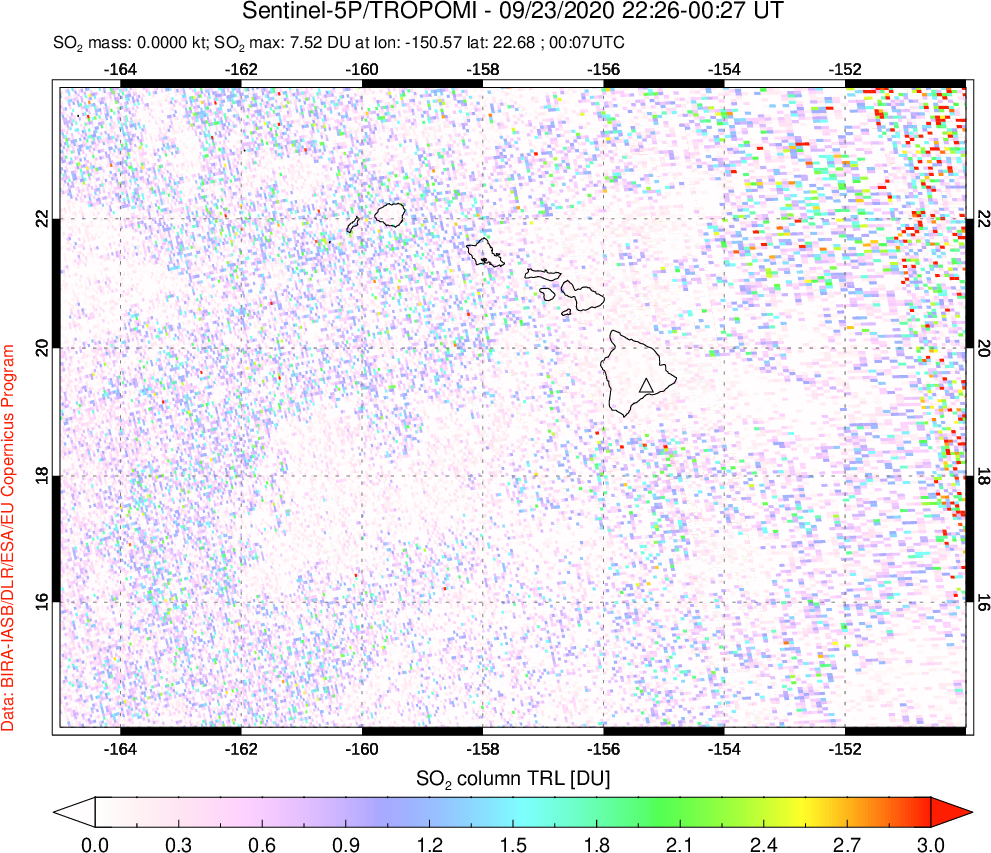 A sulfur dioxide image over Hawaii, USA on Sep 23, 2020.