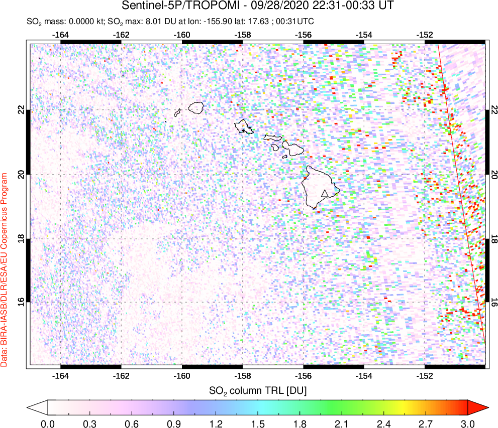 A sulfur dioxide image over Hawaii, USA on Sep 28, 2020.