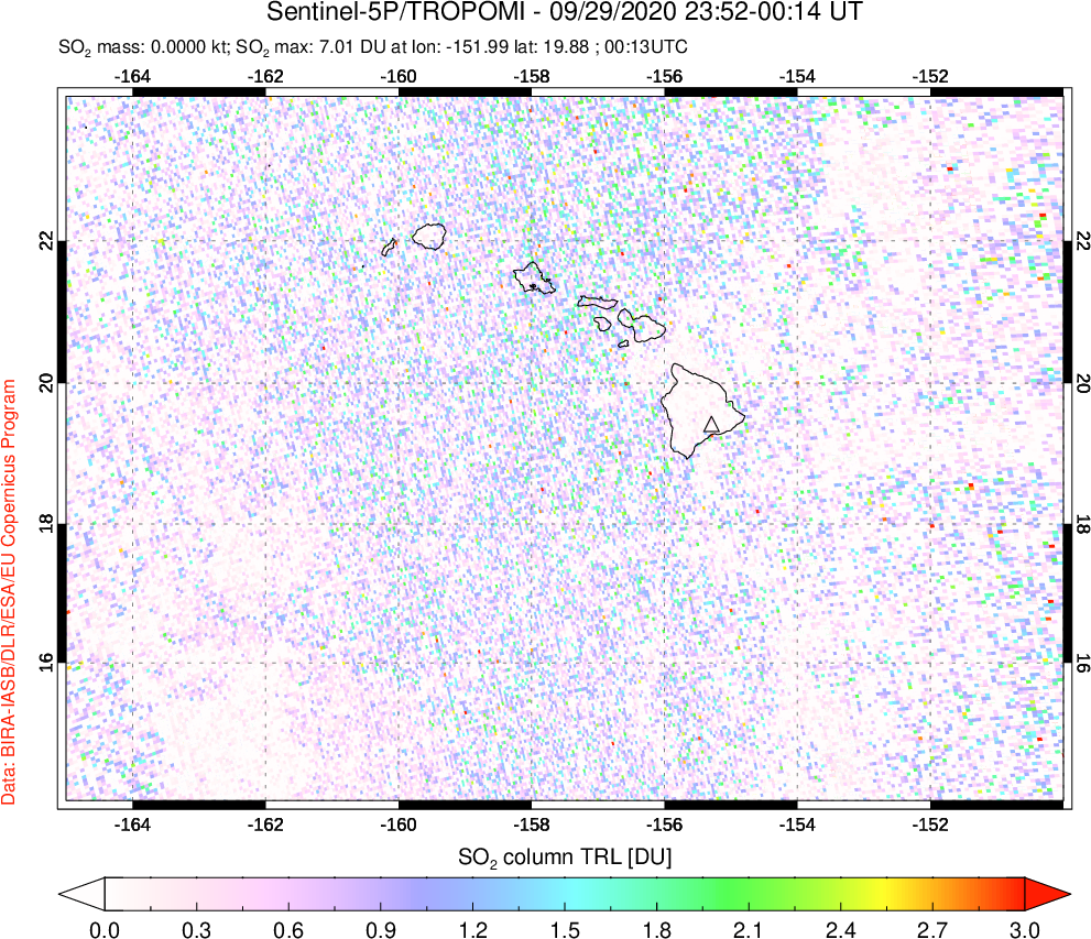 A sulfur dioxide image over Hawaii, USA on Sep 29, 2020.