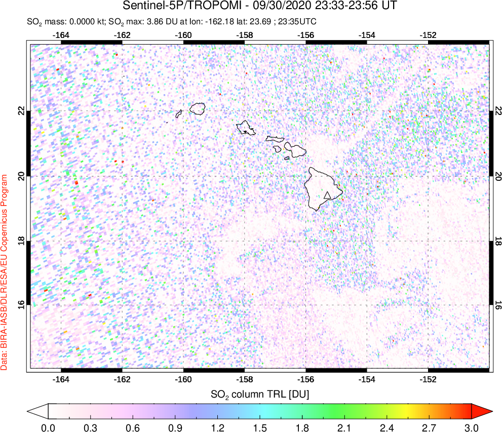 A sulfur dioxide image over Hawaii, USA on Sep 30, 2020.