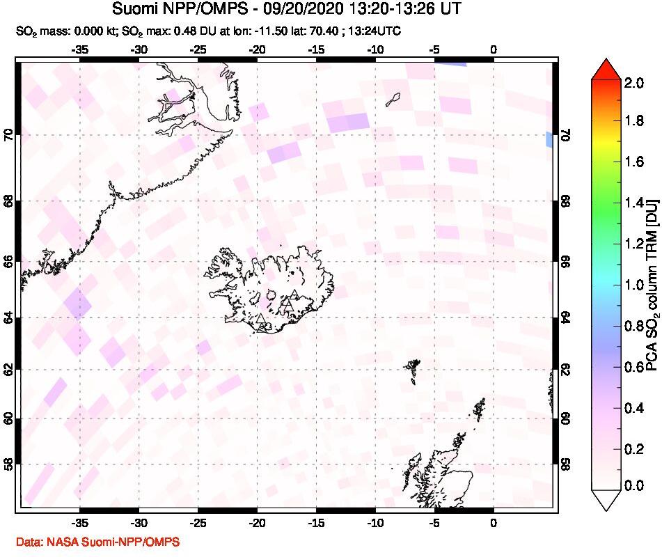 A sulfur dioxide image over Iceland on Sep 20, 2020.