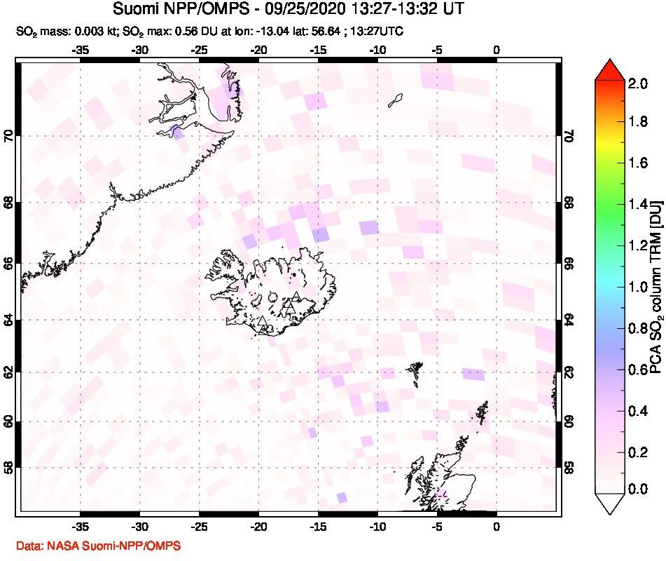 A sulfur dioxide image over Iceland on Sep 25, 2020.