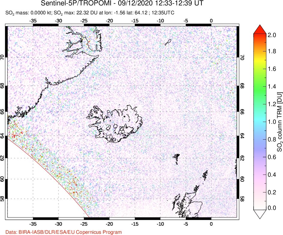 A sulfur dioxide image over Iceland on Sep 12, 2020.