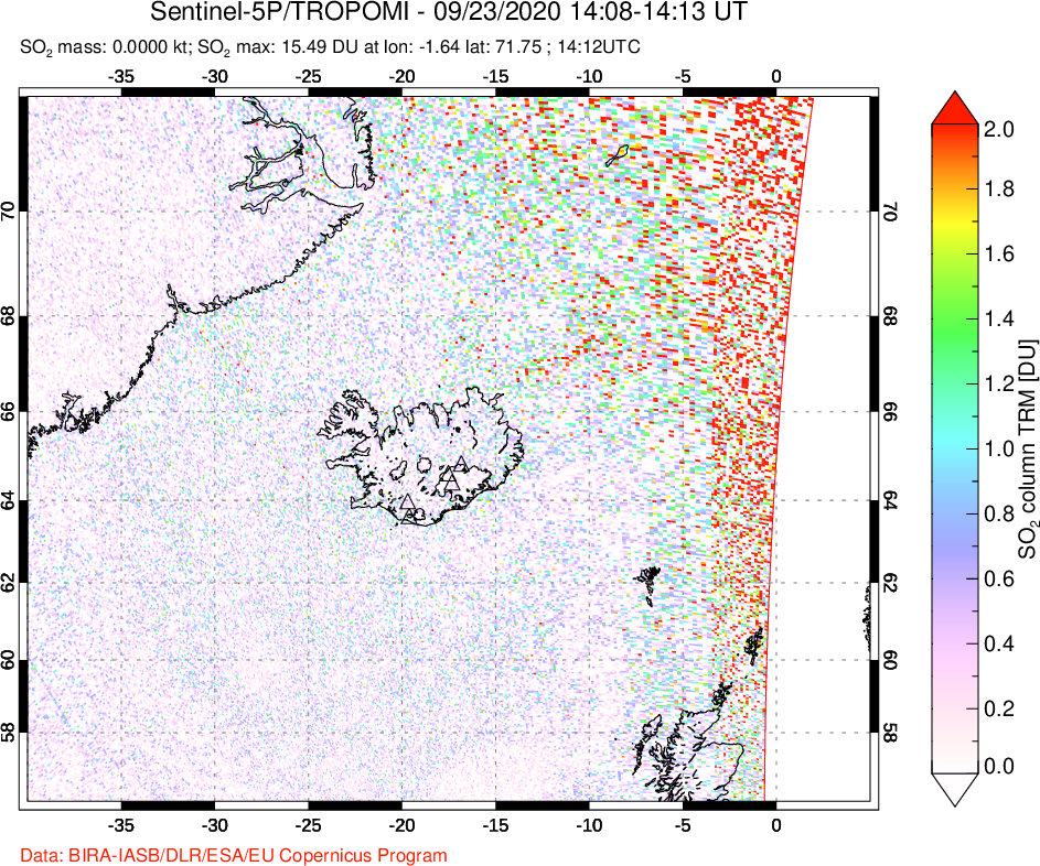 A sulfur dioxide image over Iceland on Sep 23, 2020.