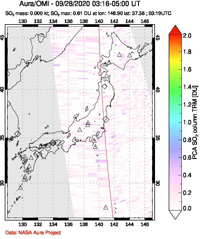 A sulfur dioxide image over Japan on Sep 28, 2020.