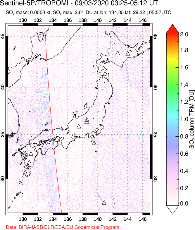 A sulfur dioxide image over Japan on Sep 03, 2020.