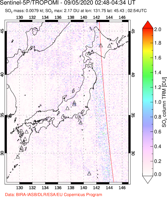 A sulfur dioxide image over Japan on Sep 05, 2020.
