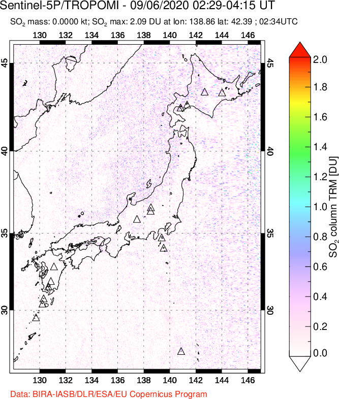 A sulfur dioxide image over Japan on Sep 06, 2020.