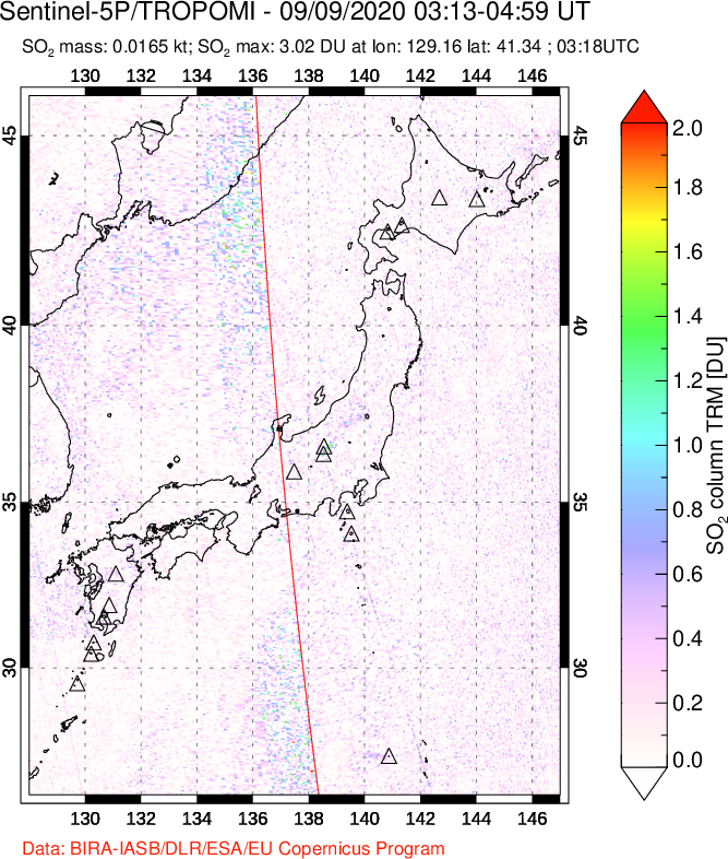 A sulfur dioxide image over Japan on Sep 09, 2020.