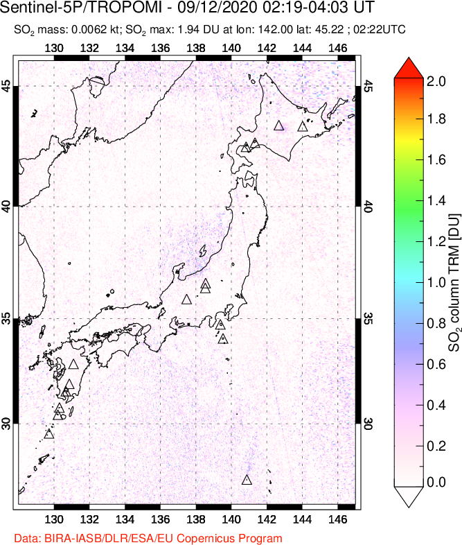 A sulfur dioxide image over Japan on Sep 12, 2020.
