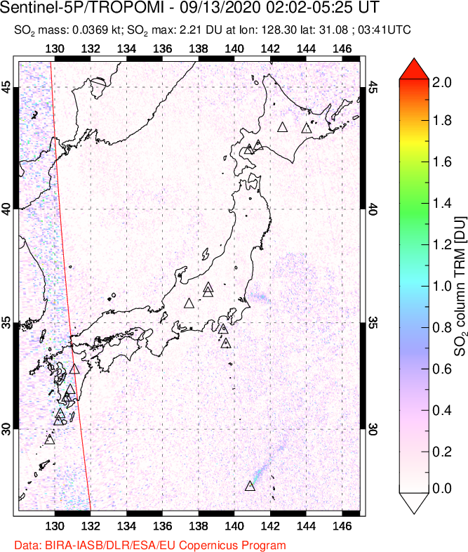 A sulfur dioxide image over Japan on Sep 13, 2020.