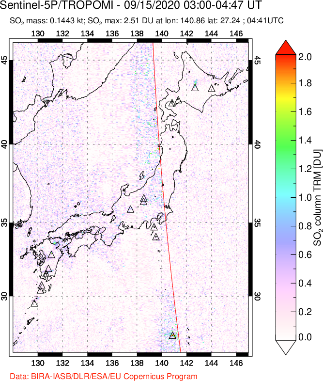 A sulfur dioxide image over Japan on Sep 15, 2020.