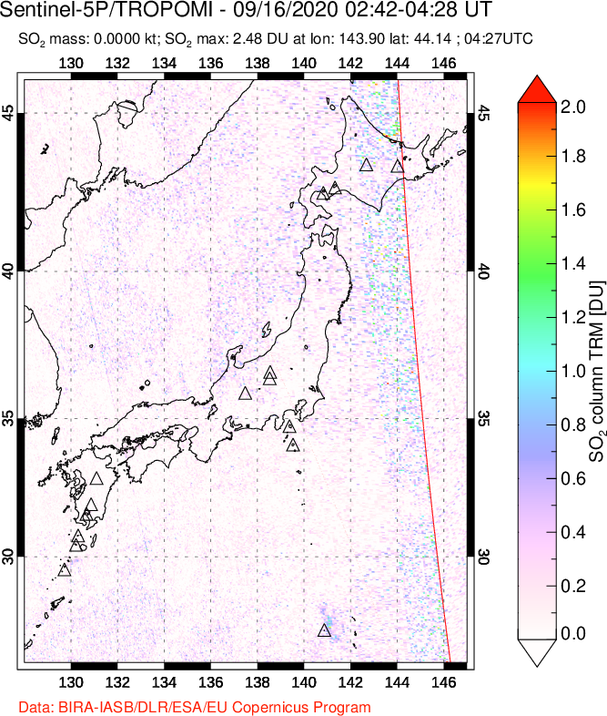 A sulfur dioxide image over Japan on Sep 16, 2020.