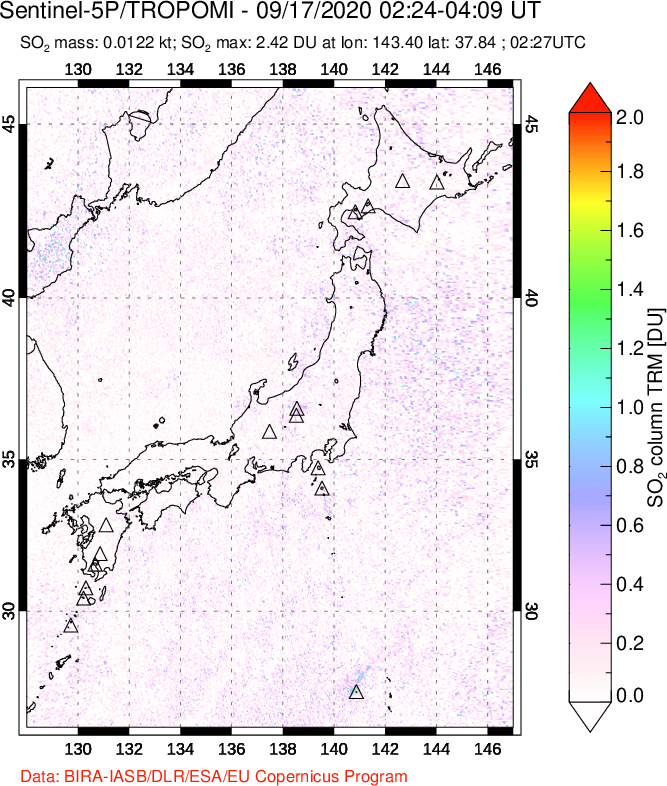 A sulfur dioxide image over Japan on Sep 17, 2020.