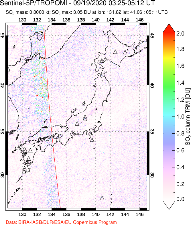 A sulfur dioxide image over Japan on Sep 19, 2020.