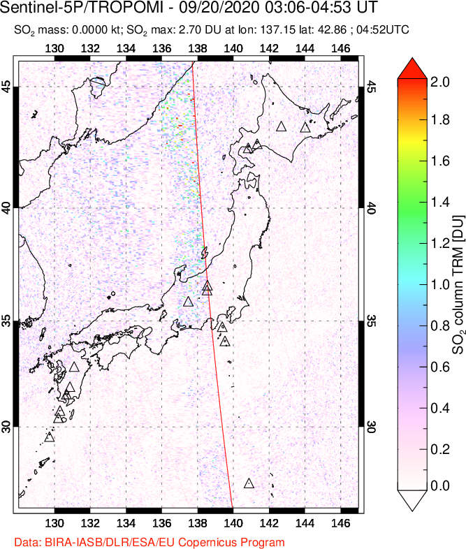 A sulfur dioxide image over Japan on Sep 20, 2020.
