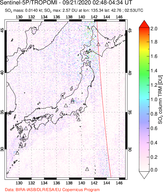 A sulfur dioxide image over Japan on Sep 21, 2020.