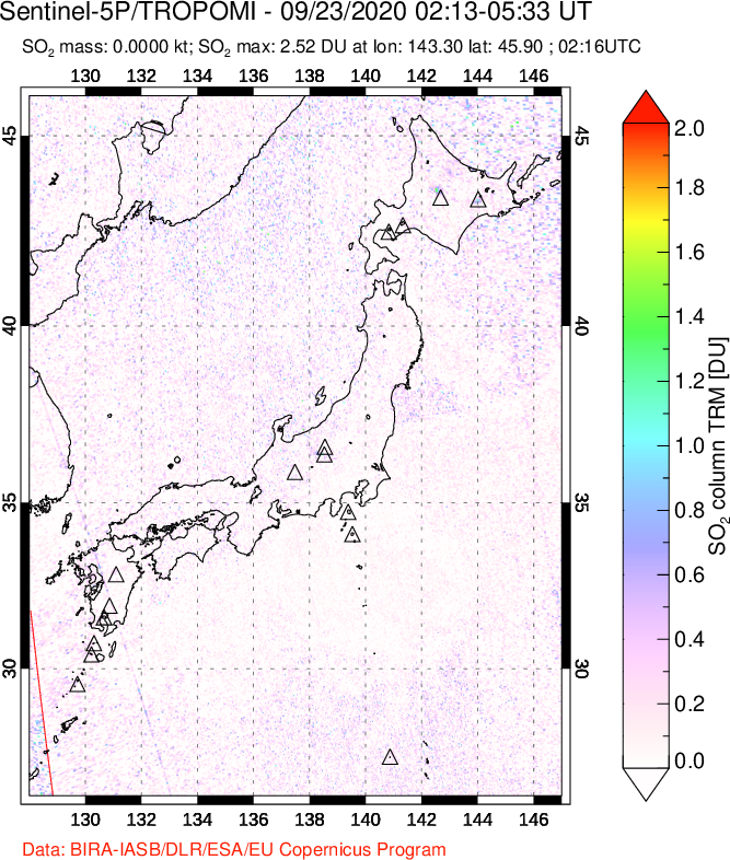 A sulfur dioxide image over Japan on Sep 23, 2020.
