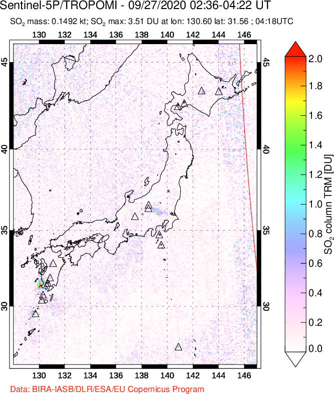 A sulfur dioxide image over Japan on Sep 27, 2020.