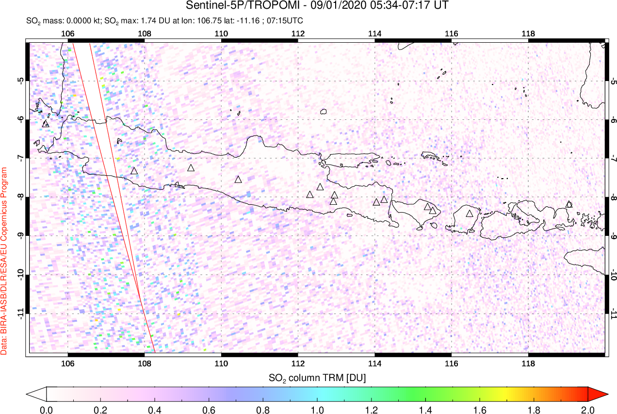 A sulfur dioxide image over Java, Indonesia on Sep 01, 2020.