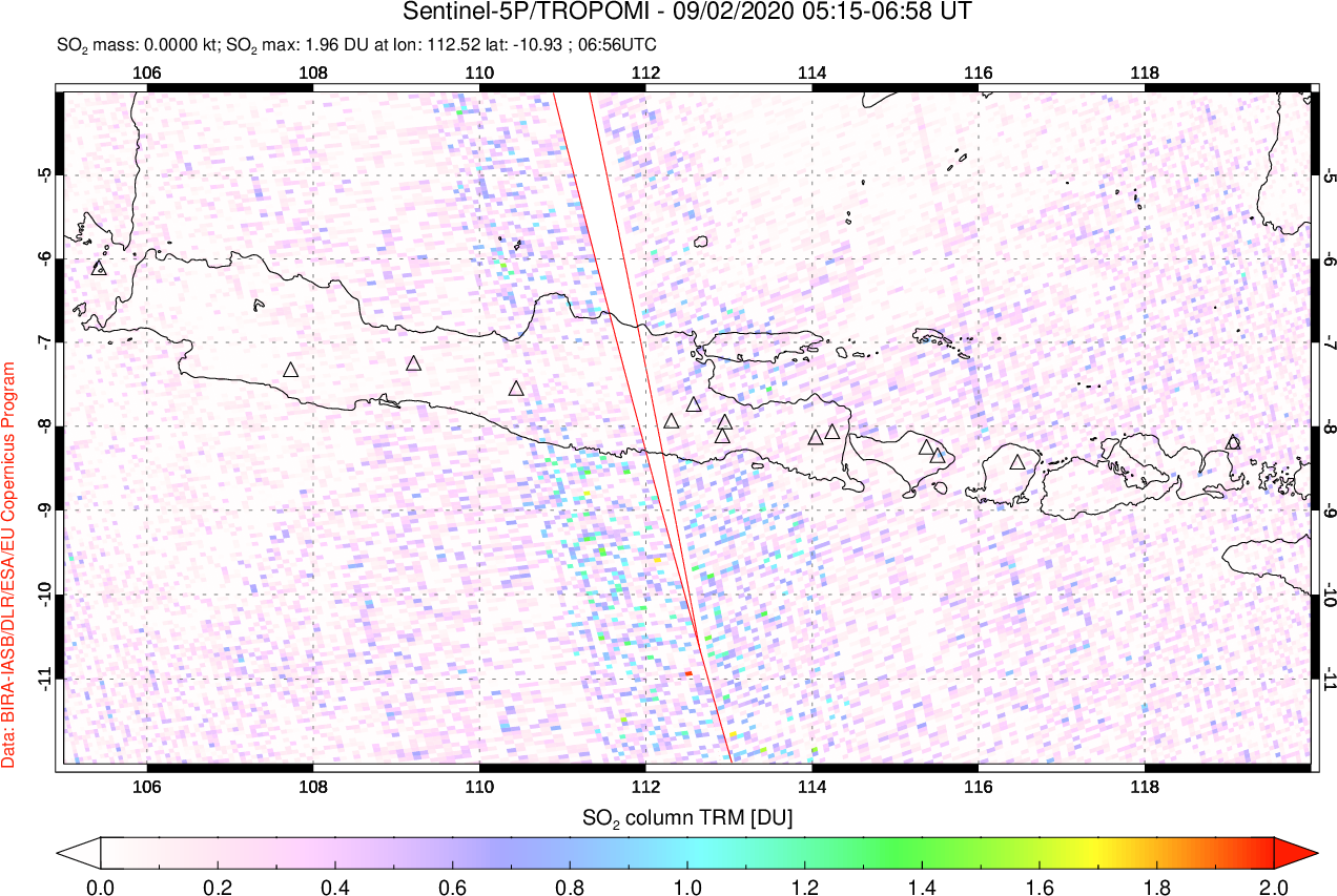 A sulfur dioxide image over Java, Indonesia on Sep 02, 2020.