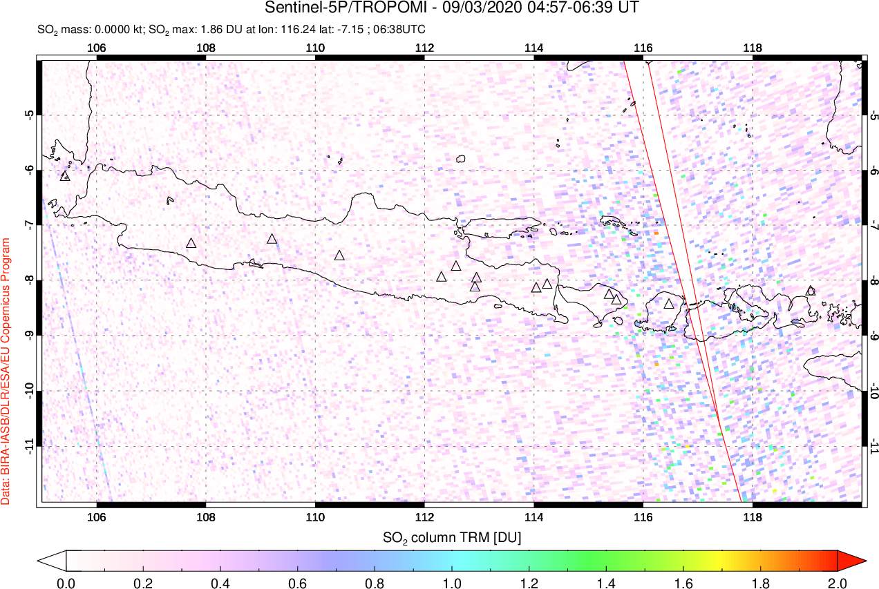 A sulfur dioxide image over Java, Indonesia on Sep 03, 2020.