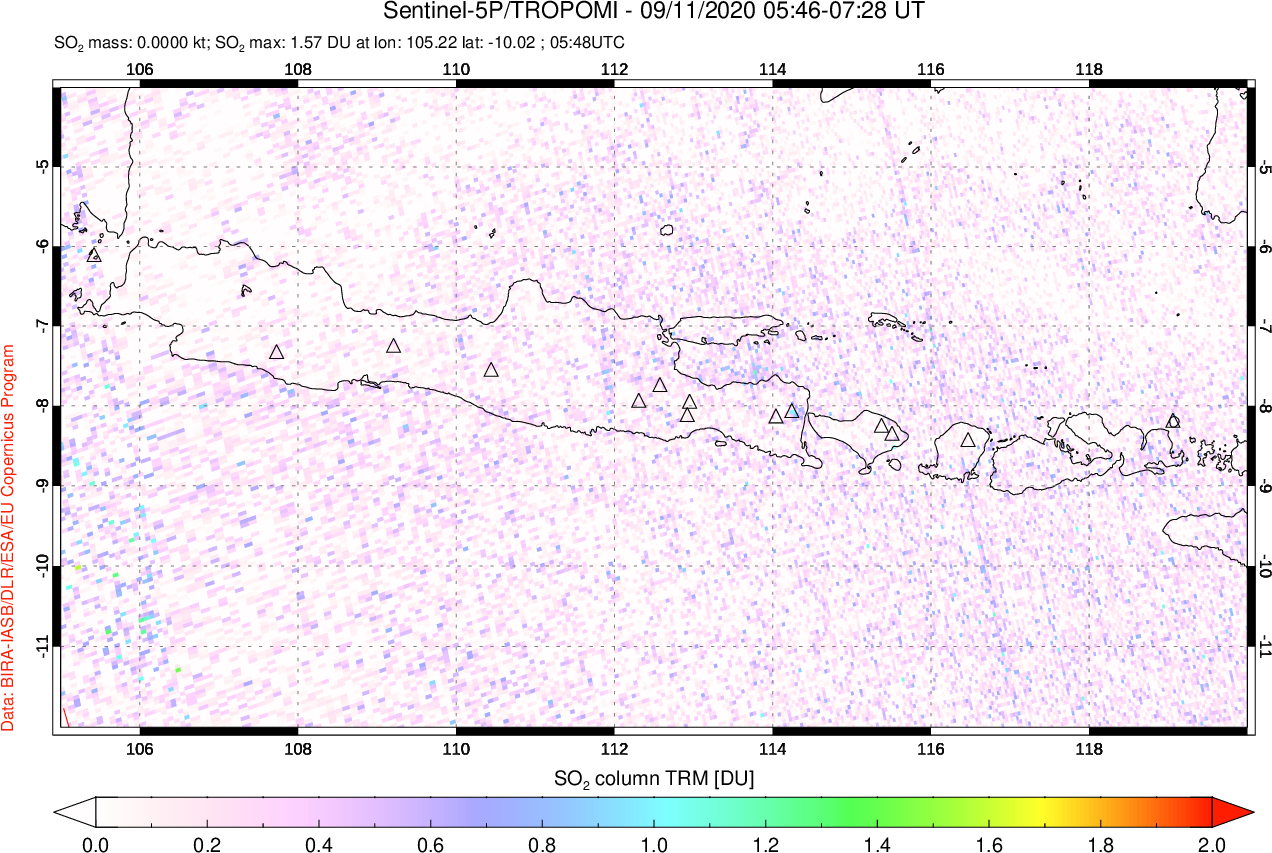 A sulfur dioxide image over Java, Indonesia on Sep 11, 2020.