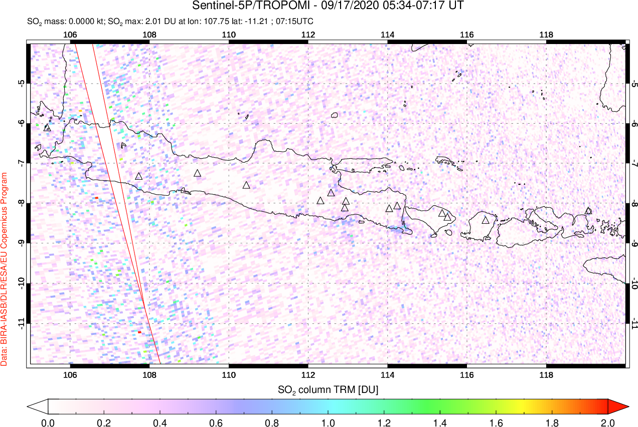 A sulfur dioxide image over Java, Indonesia on Sep 17, 2020.