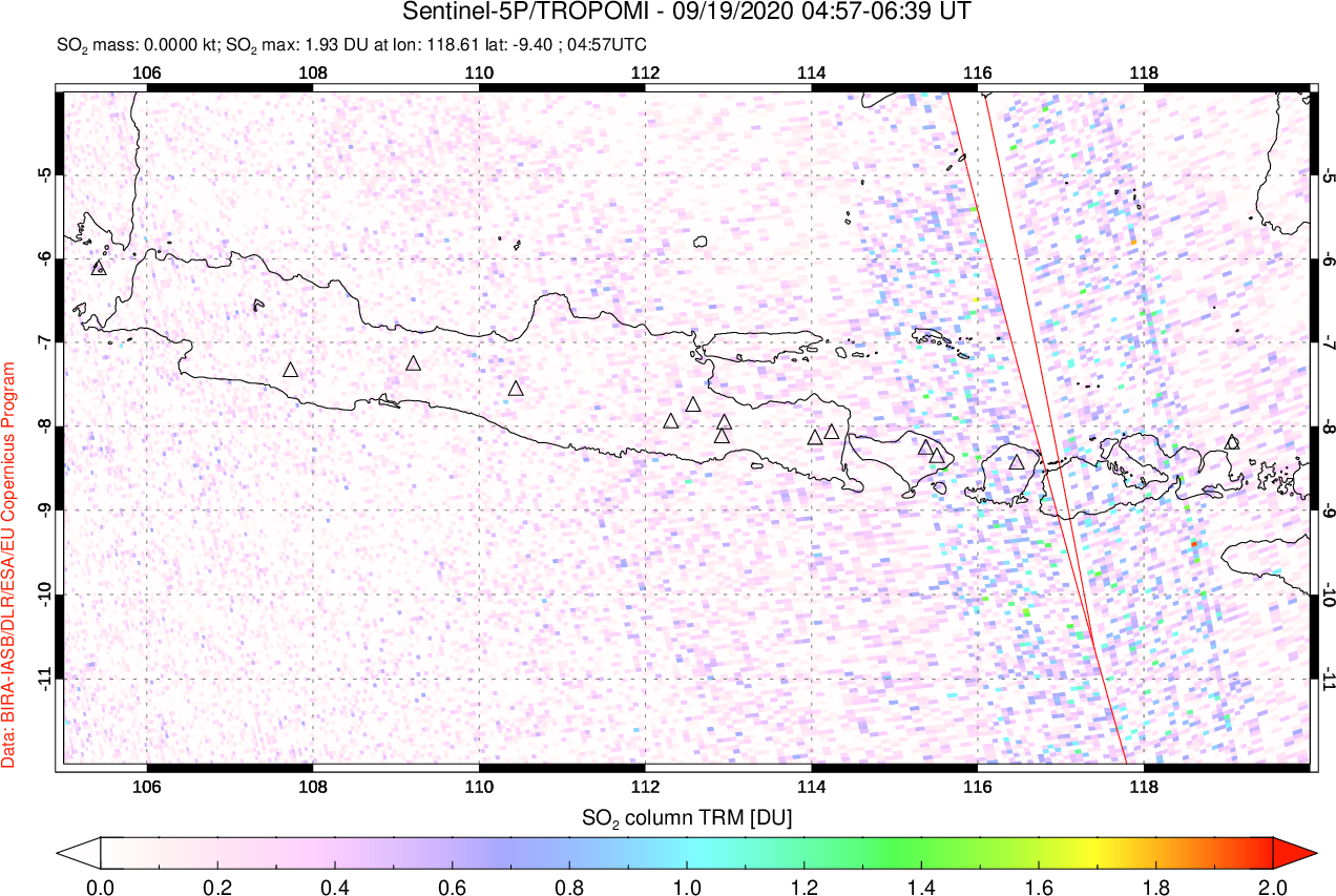 A sulfur dioxide image over Java, Indonesia on Sep 19, 2020.