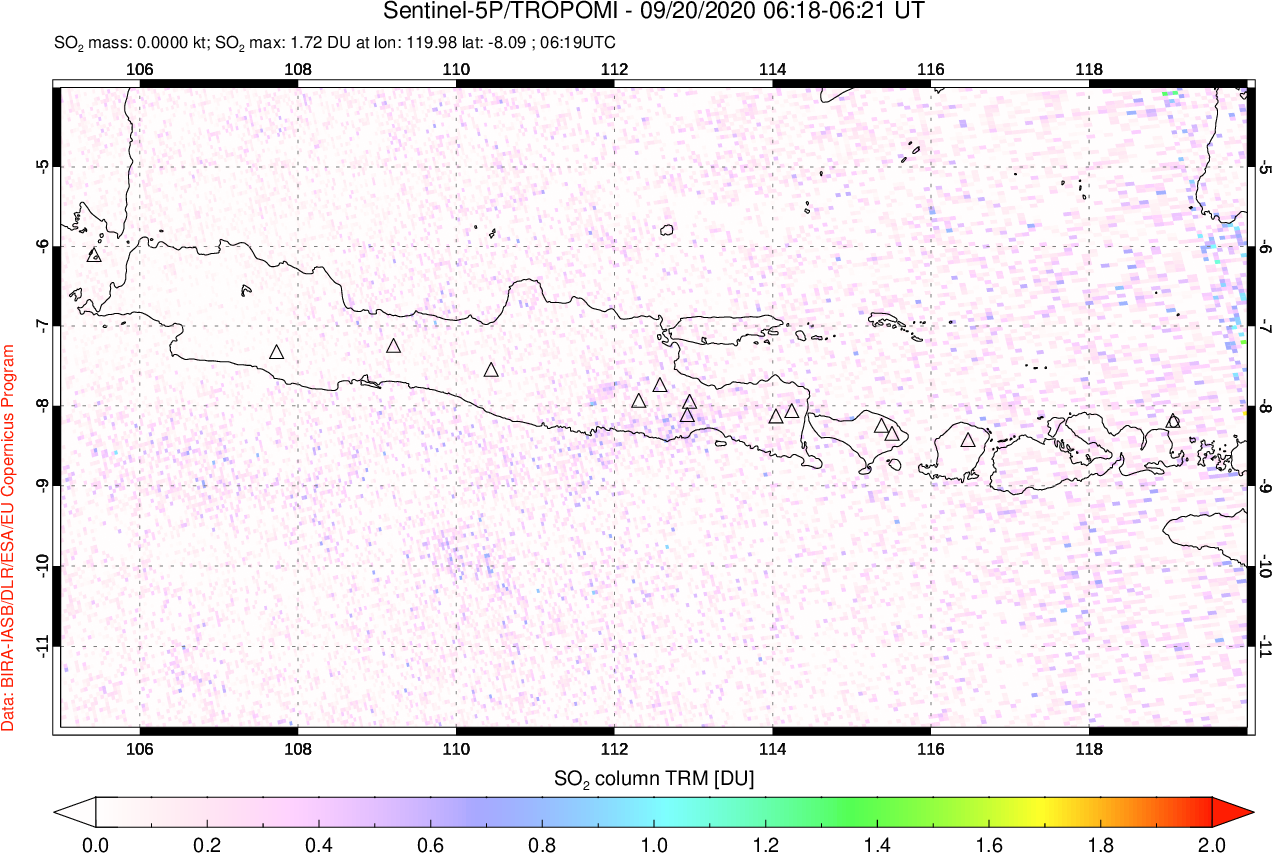 A sulfur dioxide image over Java, Indonesia on Sep 20, 2020.