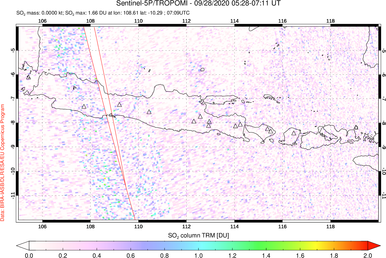 A sulfur dioxide image over Java, Indonesia on Sep 28, 2020.