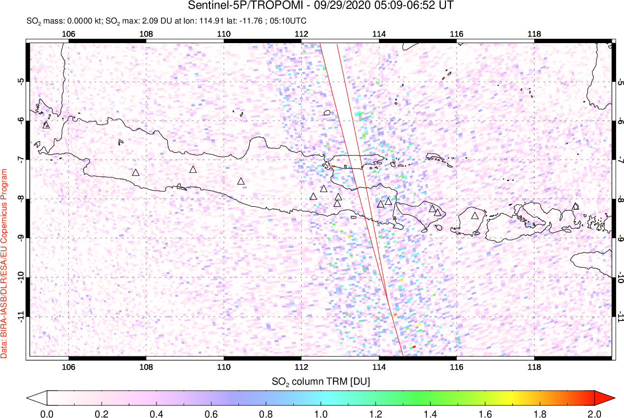 A sulfur dioxide image over Java, Indonesia on Sep 29, 2020.