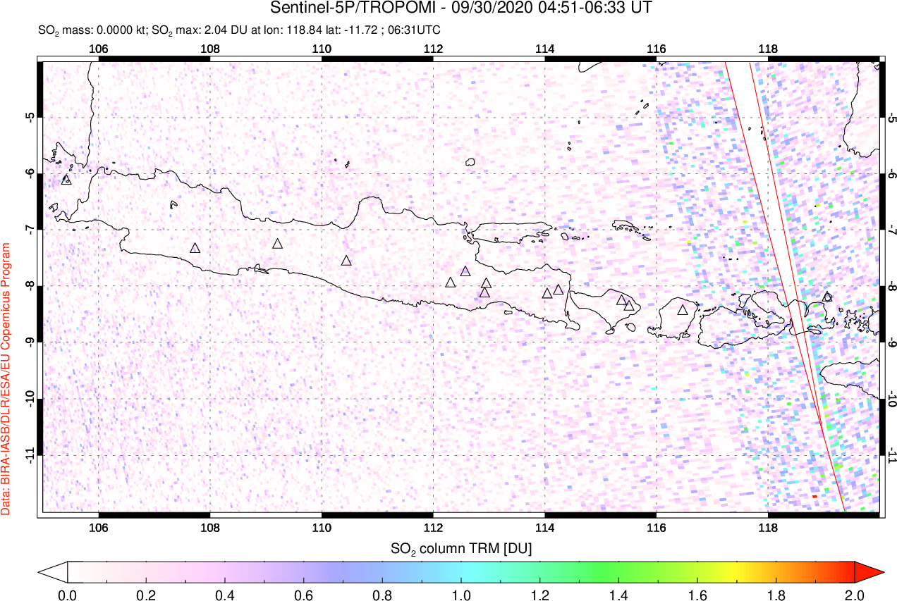 A sulfur dioxide image over Java, Indonesia on Sep 30, 2020.