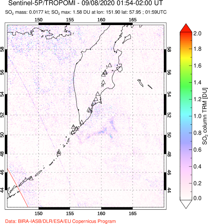 A sulfur dioxide image over Kamchatka, Russian Federation on Sep 08, 2020.