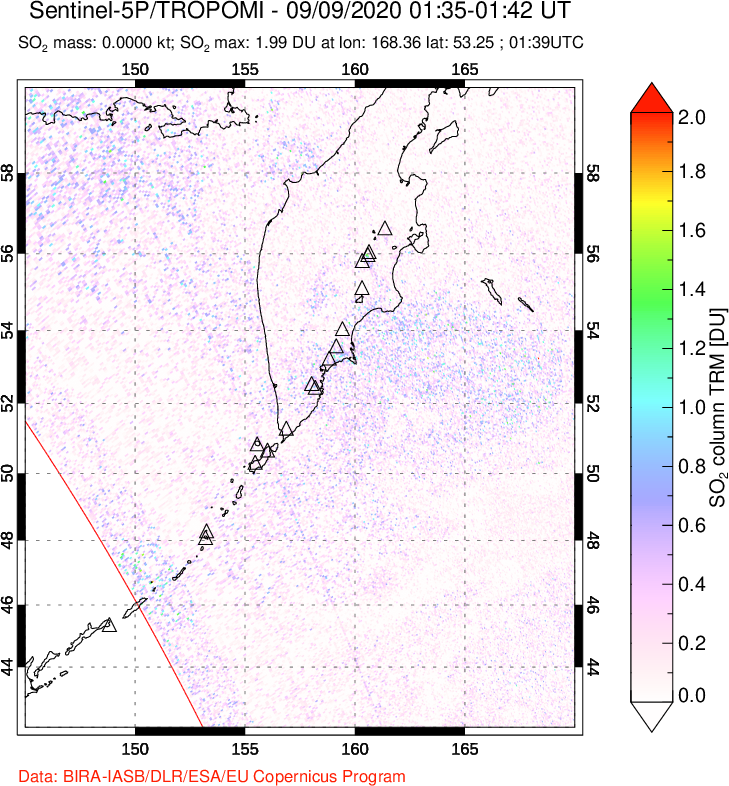A sulfur dioxide image over Kamchatka, Russian Federation on Sep 09, 2020.