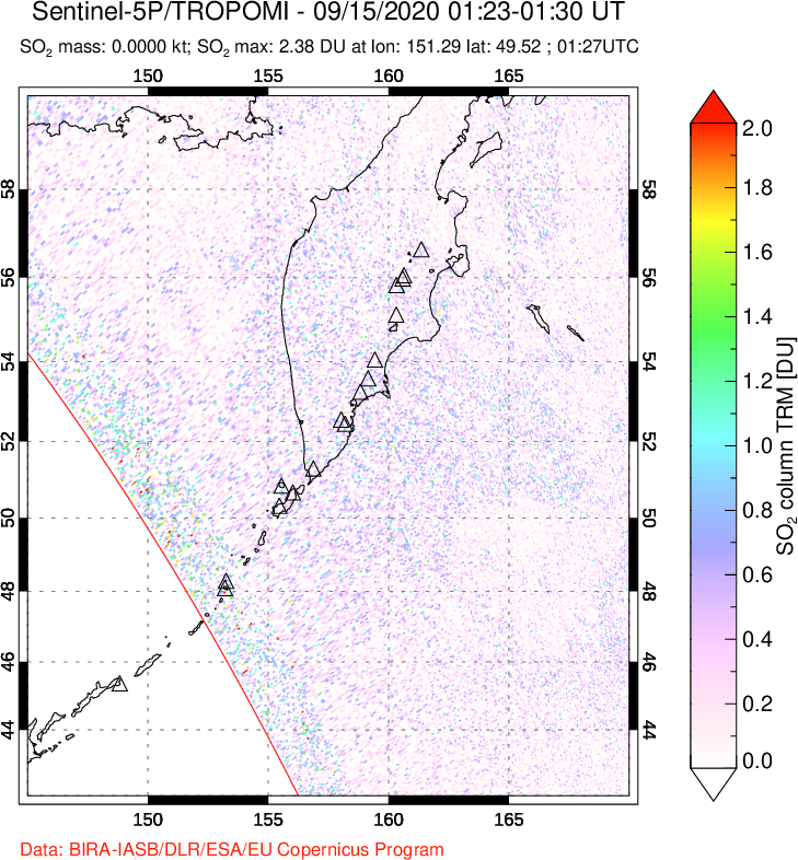 A sulfur dioxide image over Kamchatka, Russian Federation on Sep 15, 2020.