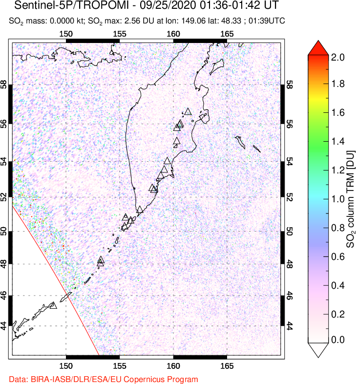 A sulfur dioxide image over Kamchatka, Russian Federation on Sep 25, 2020.