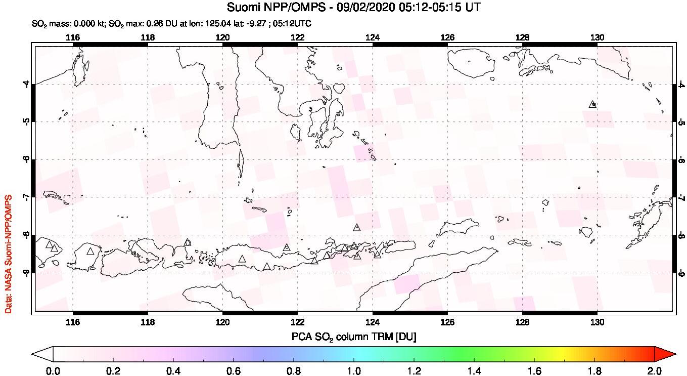 A sulfur dioxide image over Lesser Sunda Islands, Indonesia on Sep 02, 2020.