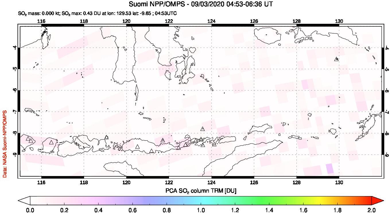 A sulfur dioxide image over Lesser Sunda Islands, Indonesia on Sep 03, 2020.