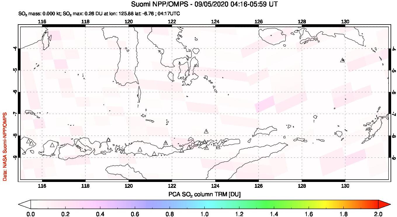A sulfur dioxide image over Lesser Sunda Islands, Indonesia on Sep 05, 2020.