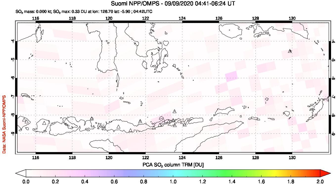 A sulfur dioxide image over Lesser Sunda Islands, Indonesia on Sep 09, 2020.